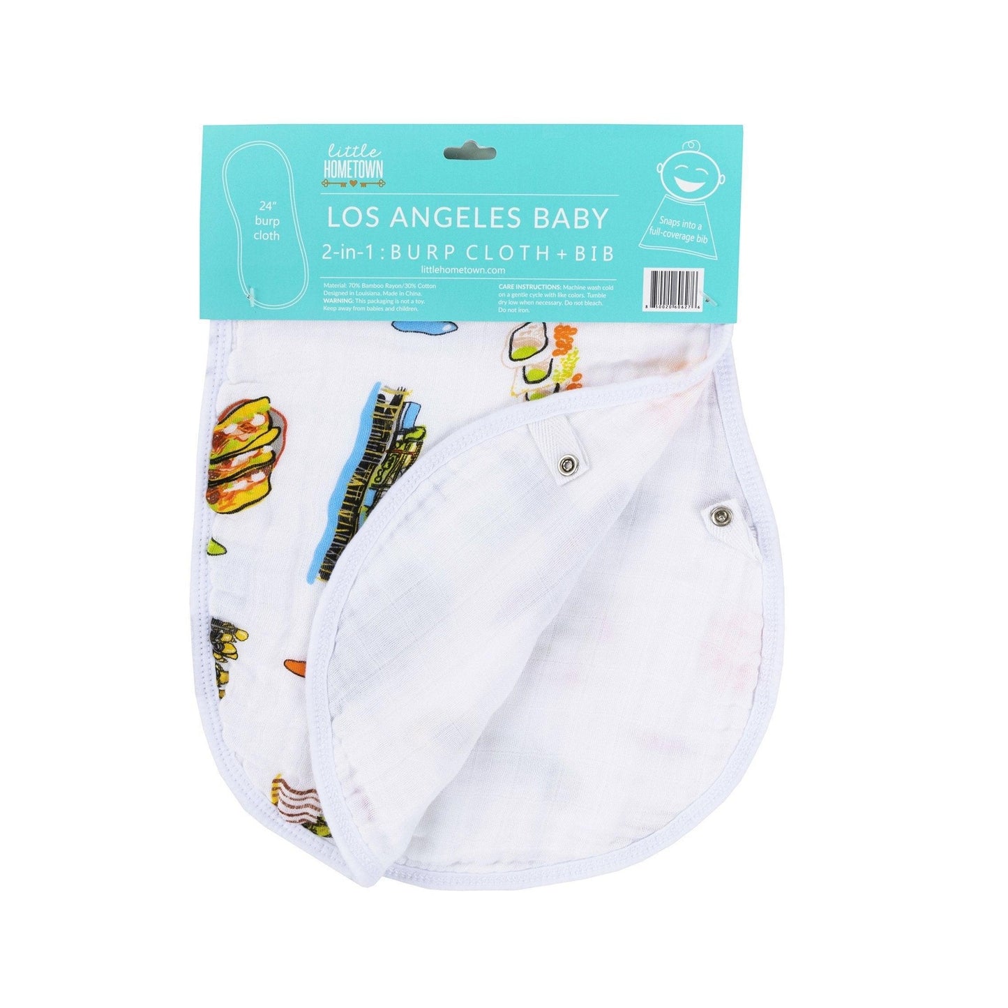 Baby bib and burp cloth set featuring a colorful Los Angeles cityscape design with iconic landmarks.
