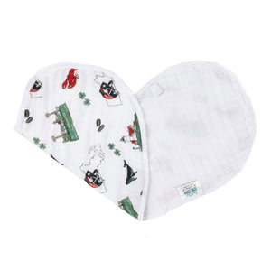 Massachusetts-themed baby bib and burp cloth set featuring state icons and landmarks in soft pastel colors.