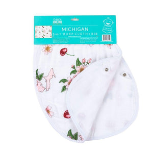 Baby bib and burp cloth set with Michigan floral design, featuring blue and yellow flowers on white fabric.
