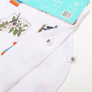 Baby bib and burp cloth set with "Mississippi" text, featuring state icons in soft pastel colors.
