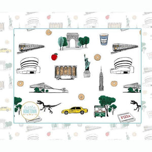 Baby bib and burp cloth set featuring New York City icons like the Statue of Liberty and yellow taxis.
