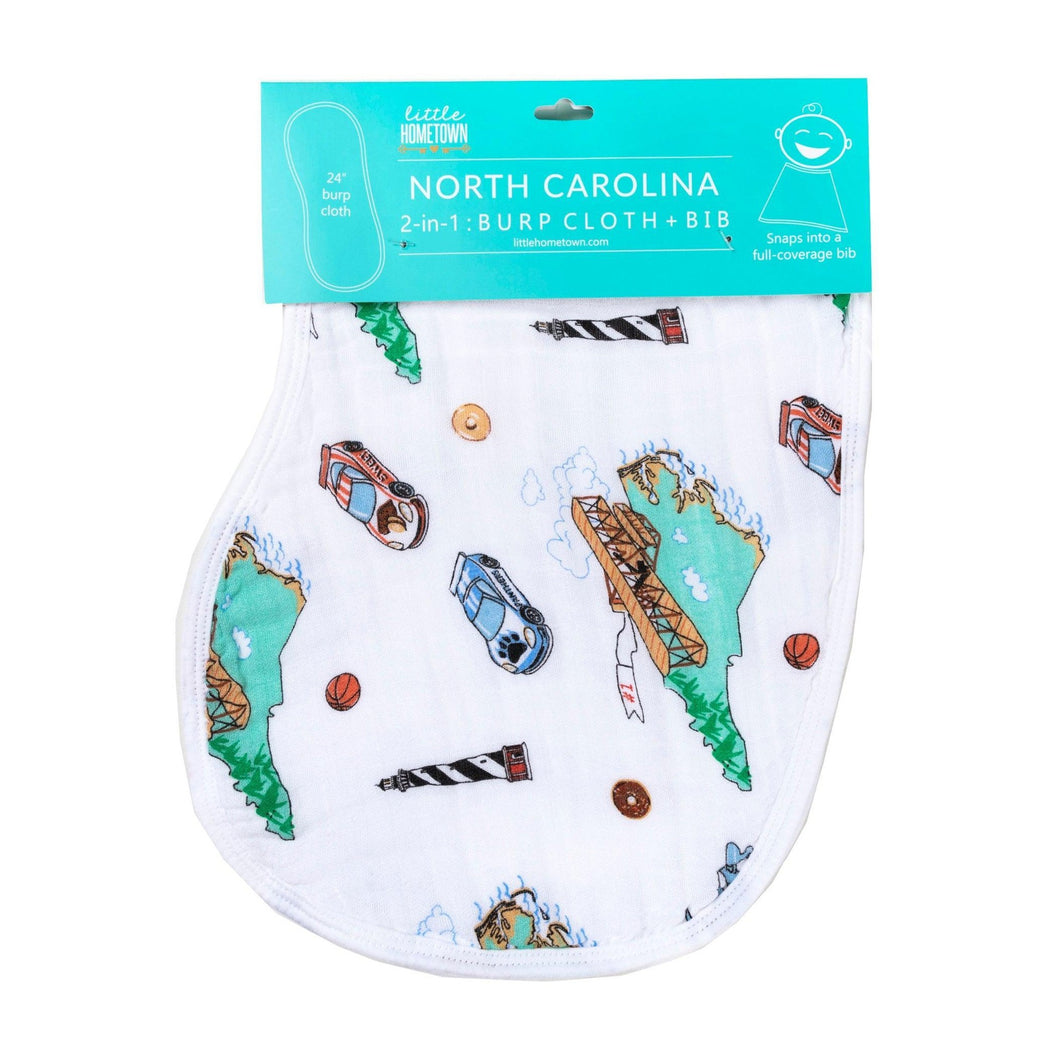 North Carolina-themed baby bib and burp cloth set featuring state icons and landmarks in soft pastel colors.