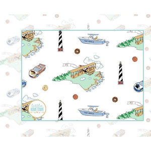 North Carolina-themed baby bib and burp cloth set featuring state icons and "North Carolina Baby" text in blue.