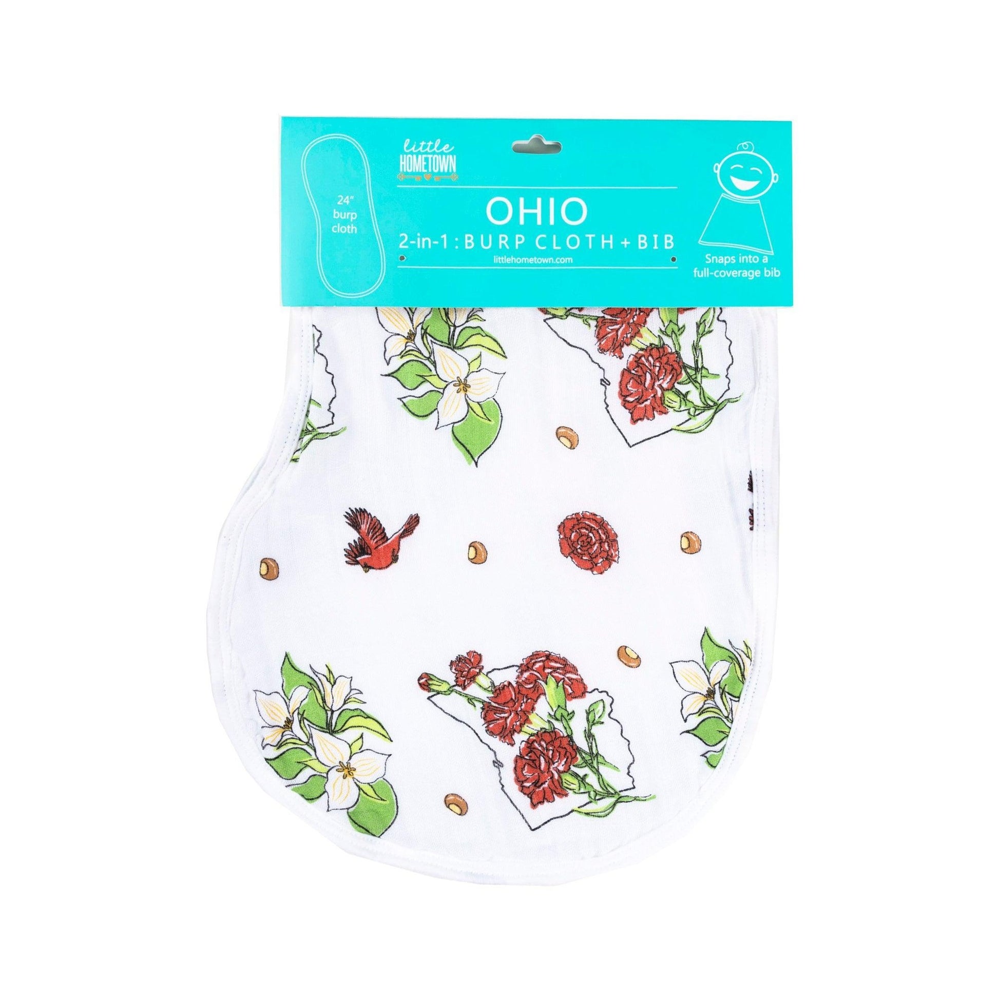 Baby bib and burp cloth set with Ohio floral design, featuring pink and blue flowers on a white background.