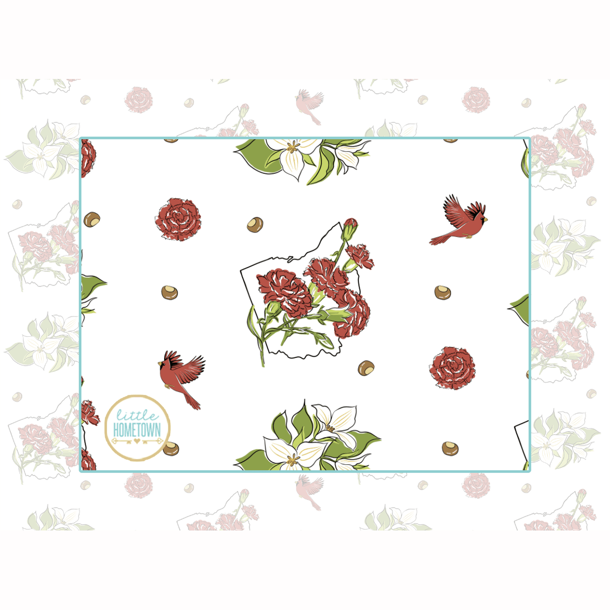 Floral-patterned baby bib and burp cloth set with "Ohio Baby" text, featuring pink and green flowers.
