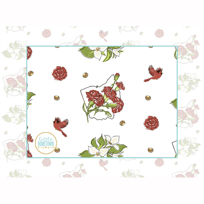 Floral-patterned baby bib and burp cloth set with "Ohio Baby" text, featuring pink and green flowers.