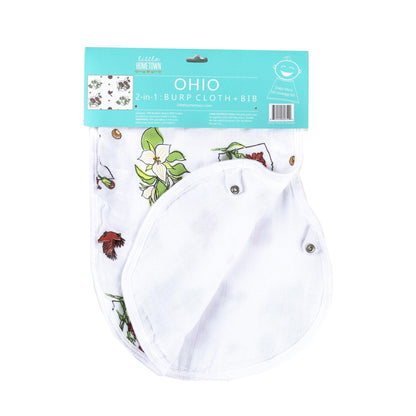 Baby bib and burp cloth set with "Ohio Baby" text, featuring a floral design in soft pastel colors.