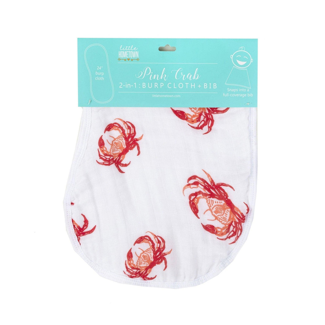 Pink baby bib and burp cloth set featuring a cute crab design and 