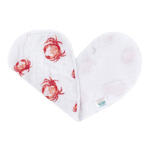 Pink crab-patterned baby bib and burp cloth set on a white background, perfect for newborns and infants.