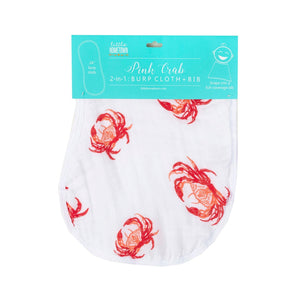 Pink crab-patterned baby bib and burp cloth set on a white background, featuring "Little Hometown" branding.