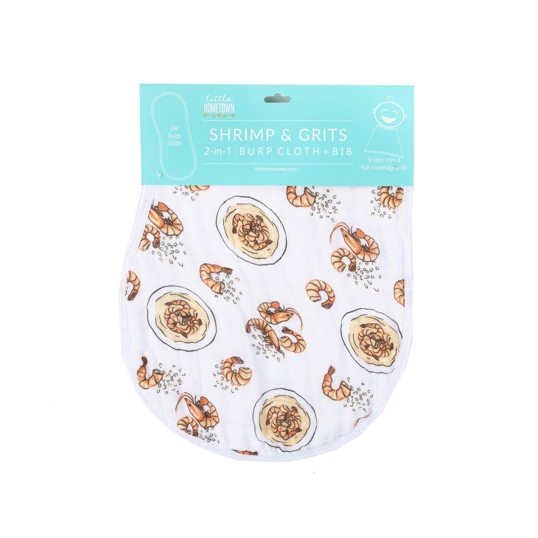 Baby bib and burp cloth set with playful shrimp and grits pattern, featuring pastel colors and soft fabric.