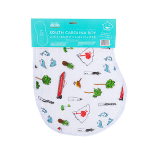 Blue and white baby bib and burp cloth set with "South Carolina Boy" text and state outline design.