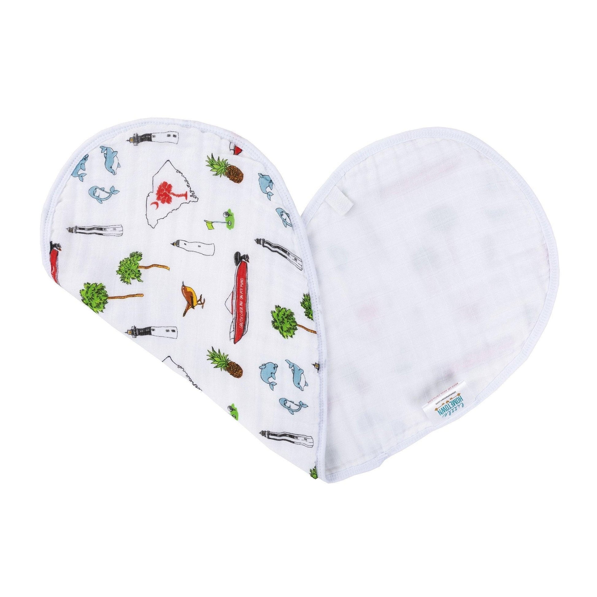 Blue and white baby bib and burp cloth set with "South Carolina Boy" text and state outline design.