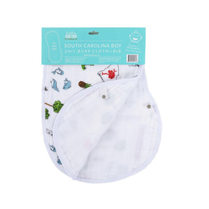 Baby bib and burp cloth set with "South Carolina Boy" text, featuring blue and white stripes and state outline.