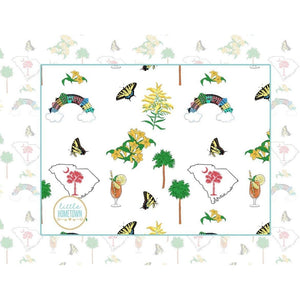 Pink baby bib and burp cloth set with "South Carolina Girl" text, featuring a palmetto tree and crescent moon.