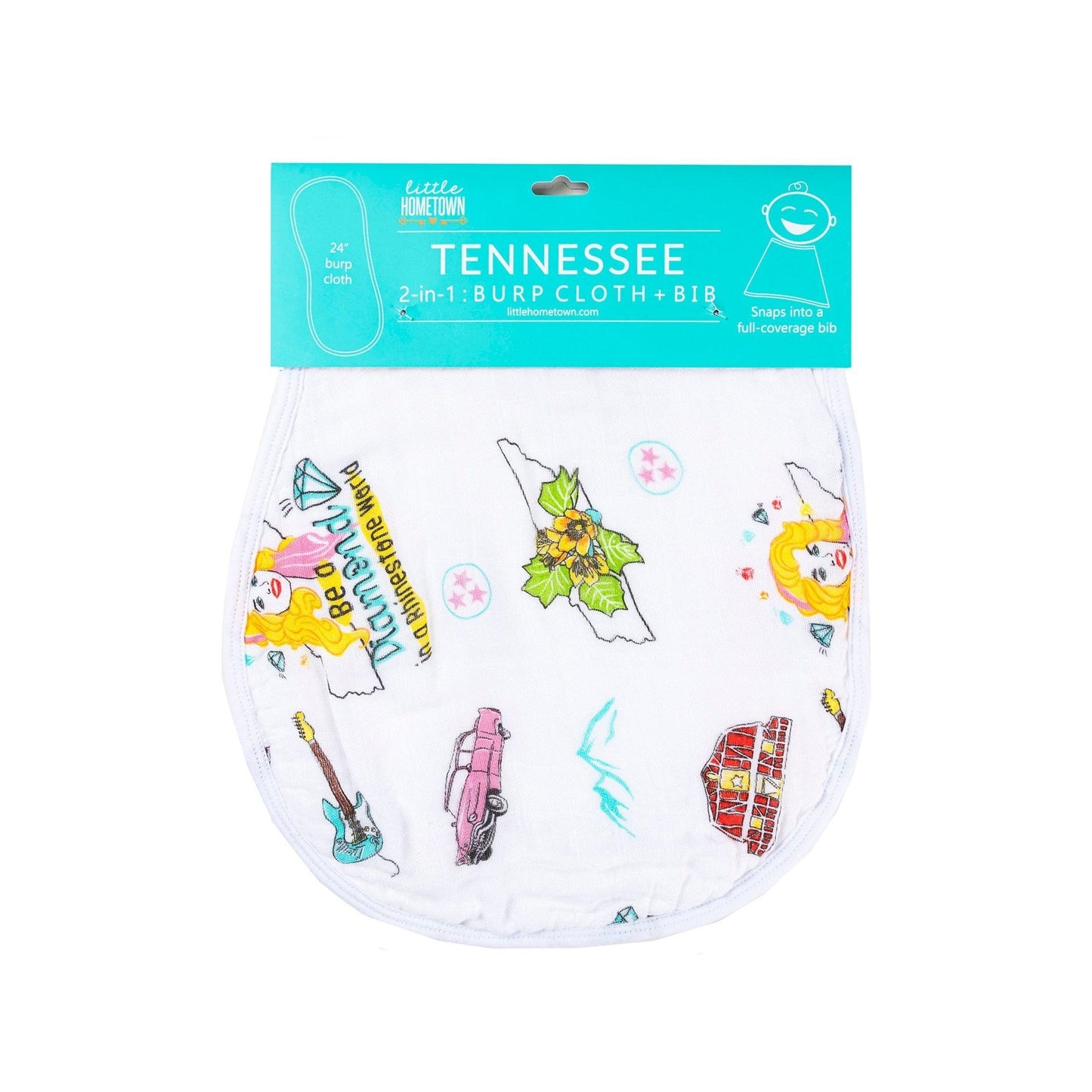 Tennessee-themed baby bib and burp cloth set with floral patterns, featuring "Tennessee Baby" text in pink.
