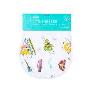 Tennessee-themed baby bib and burp cloth set with floral patterns, featuring "Tennessee Baby" text in pink.