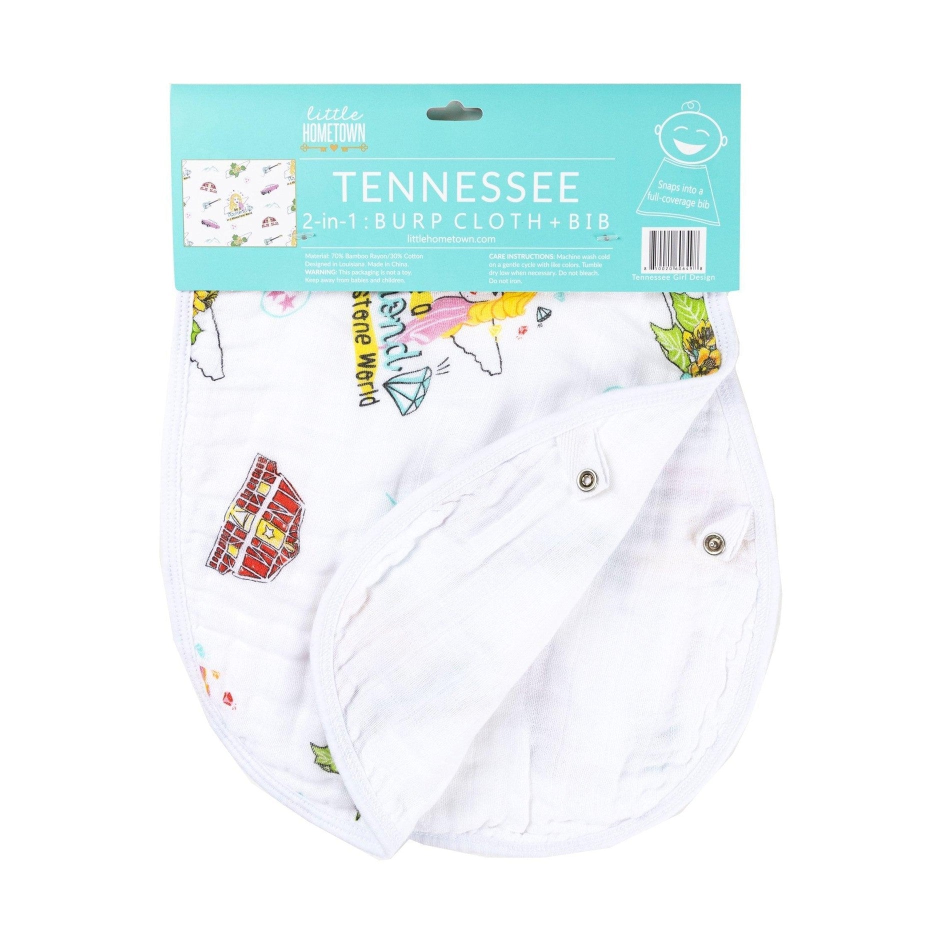 Baby bib and burp cloth set with Tennessee floral design, featuring pink and yellow flowers on a white background.