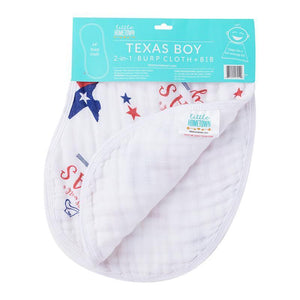 Texas-themed baby bib and burp cloth set with "Texas Boy" text, featuring blue and white patterns and state icons.