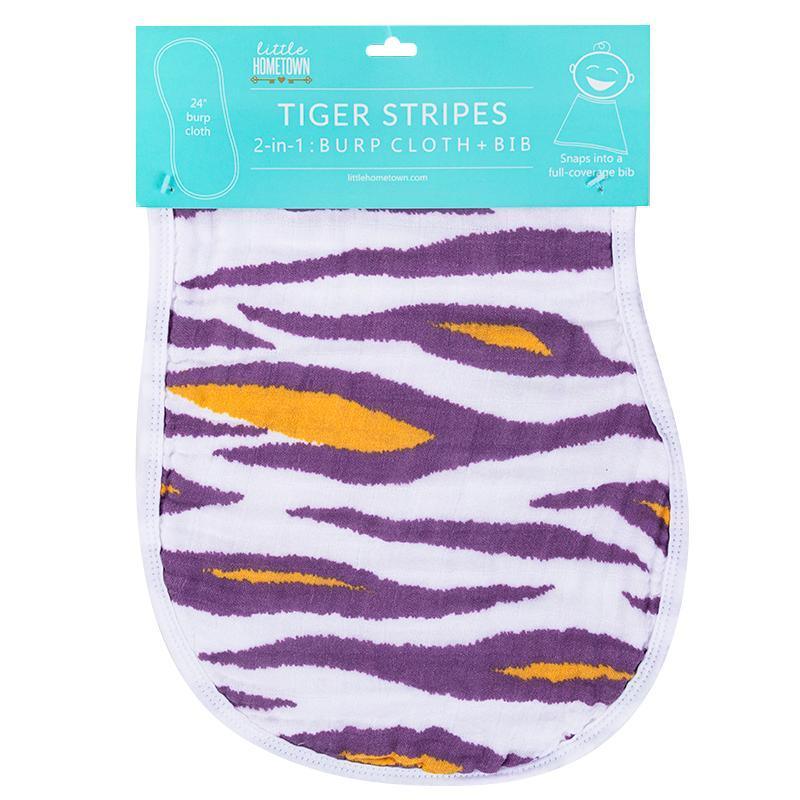 Baby bib and burp cloth set with playful tiger stripe pattern in orange, black, and white on soft fabric.
