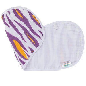 Baby bib and burp cloth set with playful tiger stripe pattern in orange, black, and white on a white background.