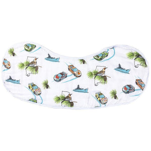 Baby burp cloth and wraparound bib set with Alabama state design, featuring red and white colors and state icons.