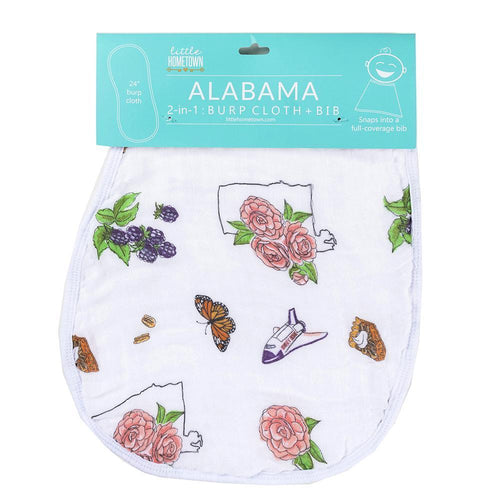 Baby burp cloth and wraparound bib set with Alabama floral design, featuring pink and green flowers.
