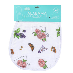 Baby burp cloth and wraparound bib set with Alabama floral design, featuring pink and green flowers.