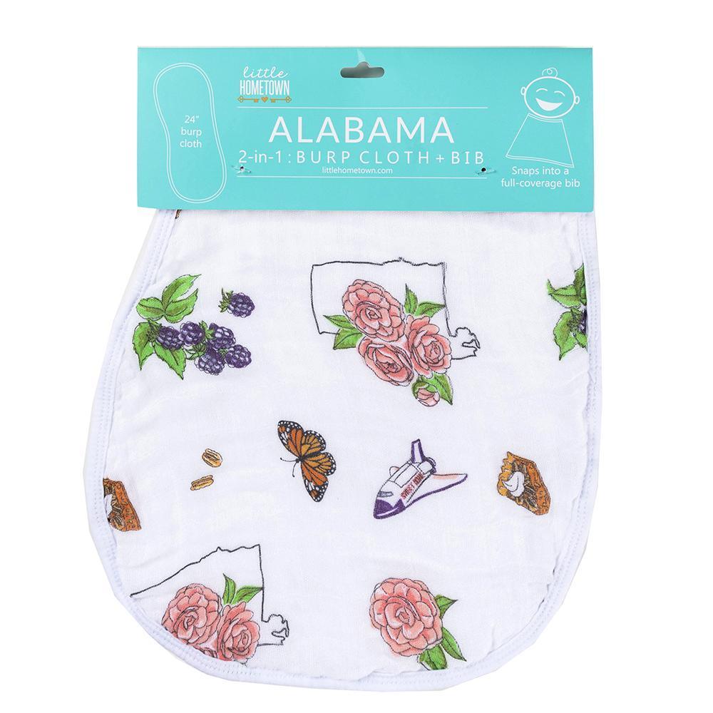 Baby burp cloth and wraparound bib set with Alabama floral design, featuring pink and green flowers.
