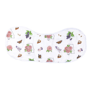 Baby burp cloth and wraparound bib set with Alabama floral pattern, featuring pink and green flowers.