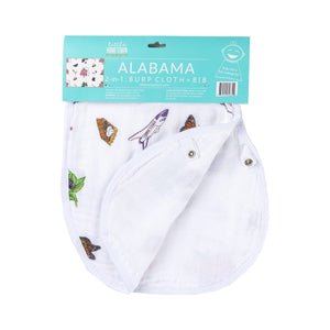 Baby burp cloth and wraparound bib set with Alabama floral pattern, featuring pink and green flowers.