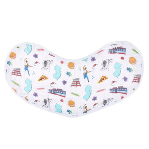 Baby burp cloth and wraparound bib set with "New Jersey Baby" text, featuring state icons and soft pastel colors.