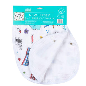 Baby burp cloth and wraparound bib set with "New Jersey Baby" text, featuring state icons and pastel colors.