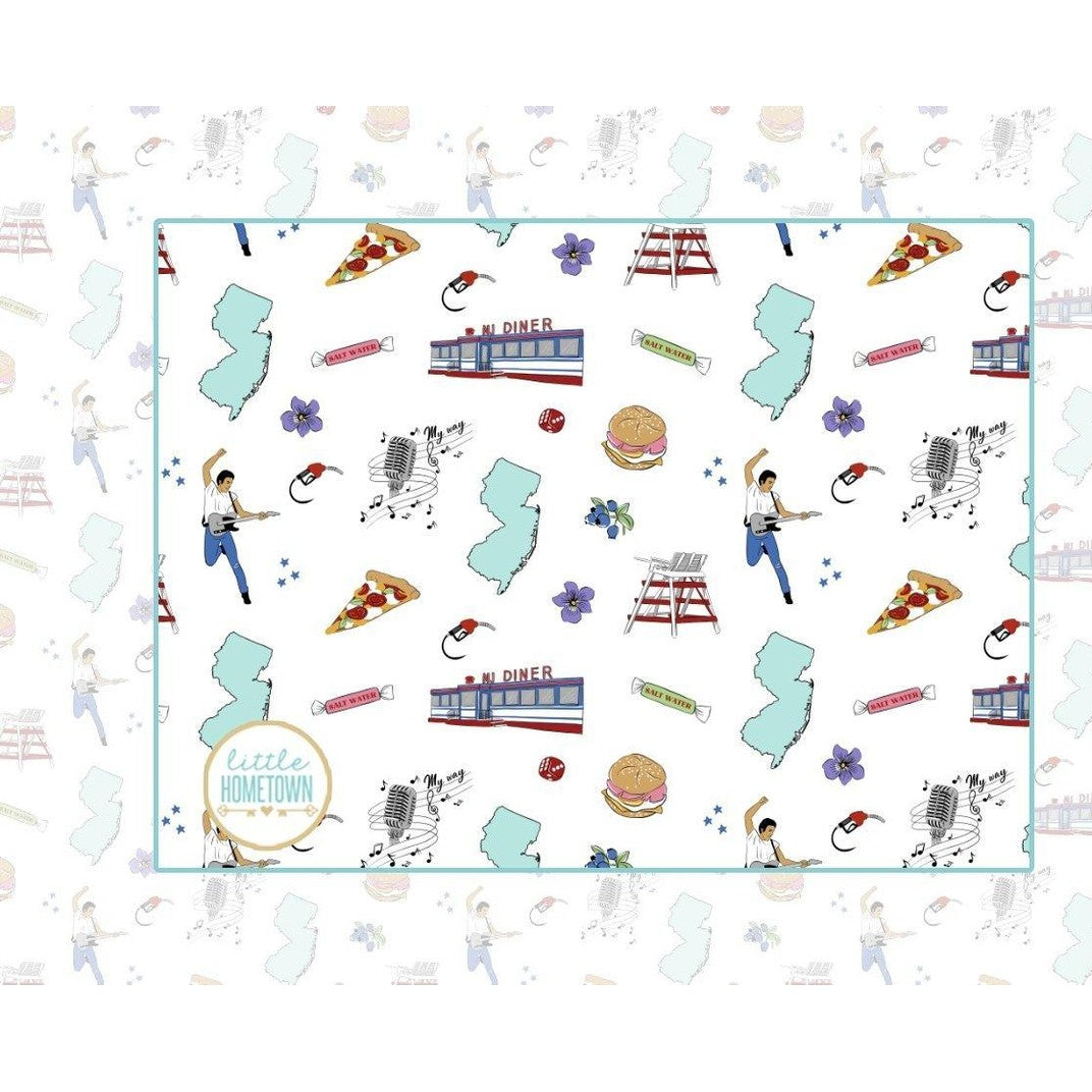 New Jersey-themed baby burp cloth and wraparound bib set with state icons and landmarks in soft pastel colors.