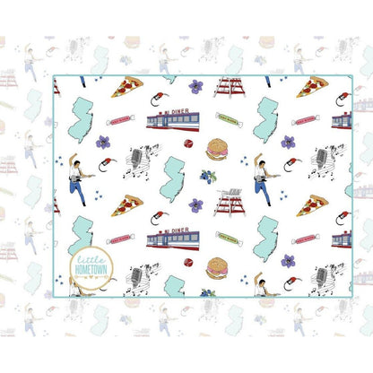 New Jersey-themed baby burp cloth and wraparound bib set with state icons and landmarks in soft pastel colors.