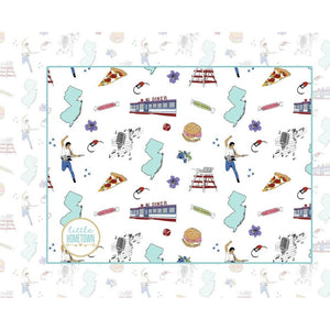 New Jersey-themed baby burp cloth and wraparound bib set with state icons and landmarks in soft pastel colors.