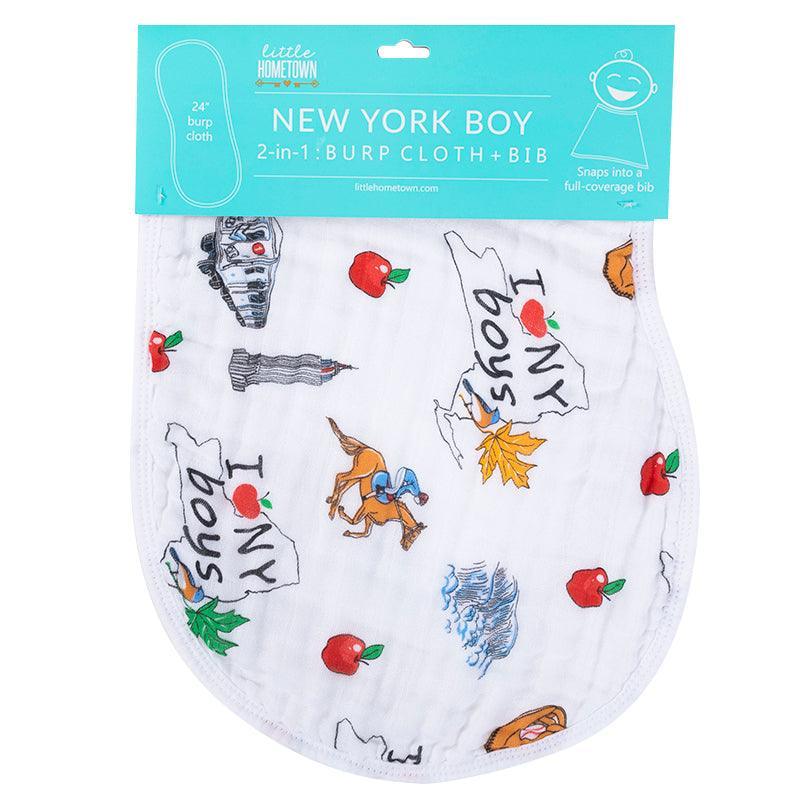 Baby burp cloth and wraparound bib set with New York-themed illustrations, featuring iconic landmarks and symbols.