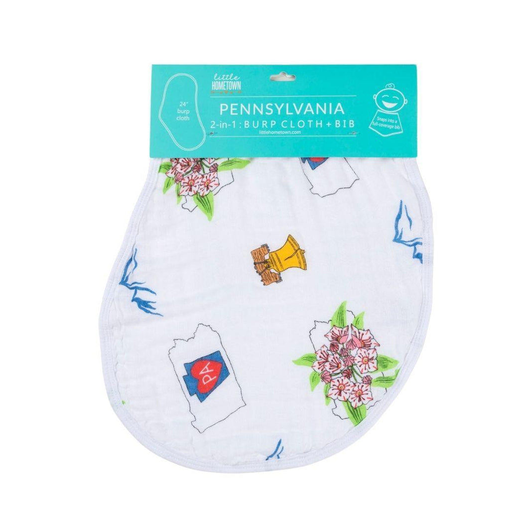 Baby burp cloth and wraparound bib set featuring Pennsylvania-themed illustrations and 