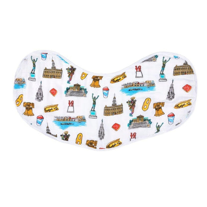 Philadelphia-themed baby burp cloth and wraparound bib set featuring iconic city landmarks in soft pastel colors.