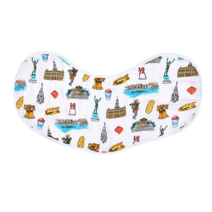 Philadelphia-themed baby burp cloth and wraparound bib set featuring iconic city landmarks in soft pastel colors.