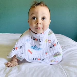 Baby burp cloth and wraparound bib set with Virginia state map design, featuring landmarks and icons.