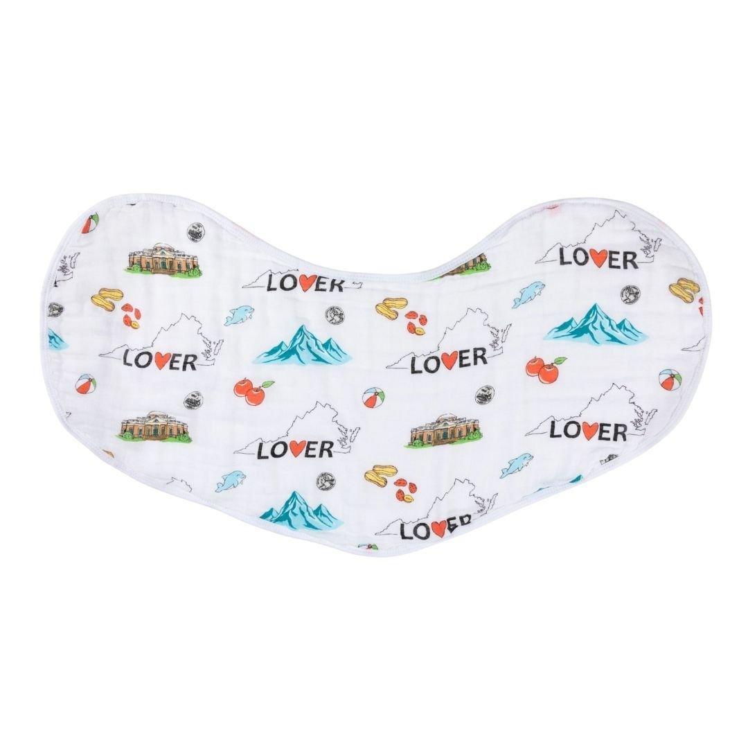 Baby burp cloth and wraparound bib set with Virginia state map design, featuring landmarks and icons in pastel colors.