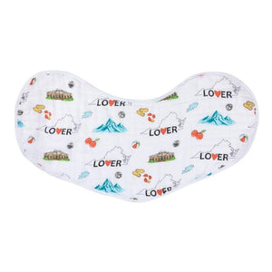 Baby burp cloth and wraparound bib set with Virginia state map design, featuring landmarks and icons in pastel colors.