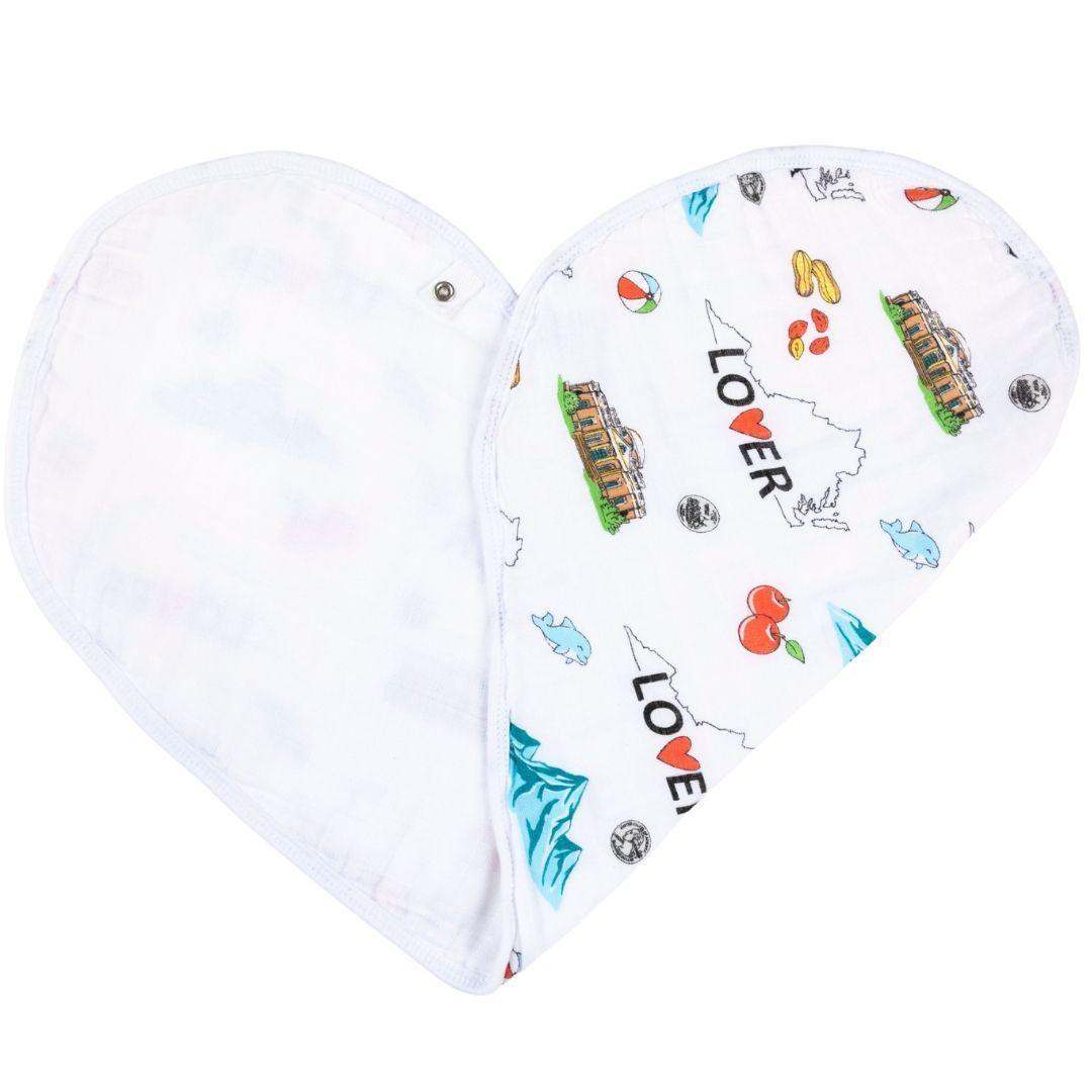 Baby burp cloth and wraparound bib set with Virginia state map design, featuring landmarks and icons in pastel colors.