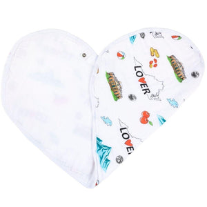 Baby burp cloth and wraparound bib set with Virginia state map design, featuring landmarks and icons in pastel colors.
