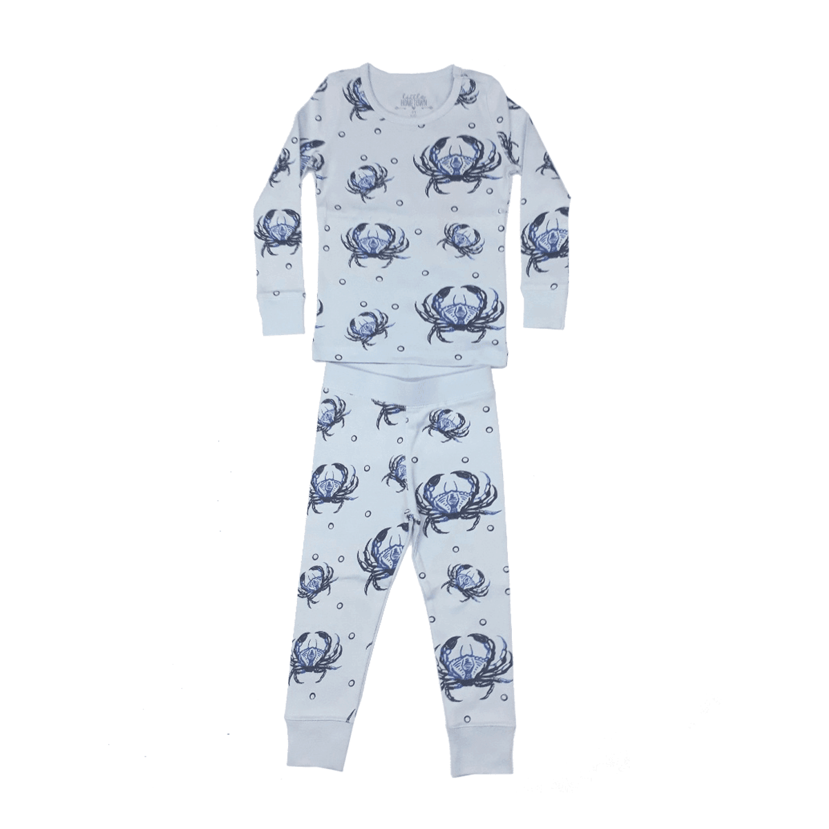 Toddler pajamas with playful blue crab pattern on a white background, featuring a cozy and soft fabric.