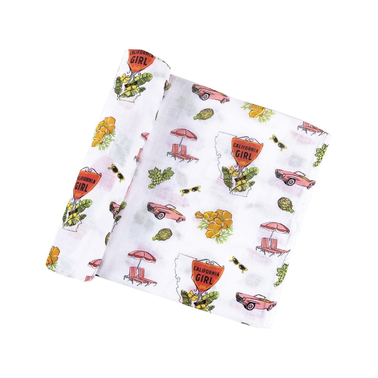 Pink muslin swaddle blanket with California-themed illustrations, including palm trees, surfboards, and the Golden Gate Bridge.