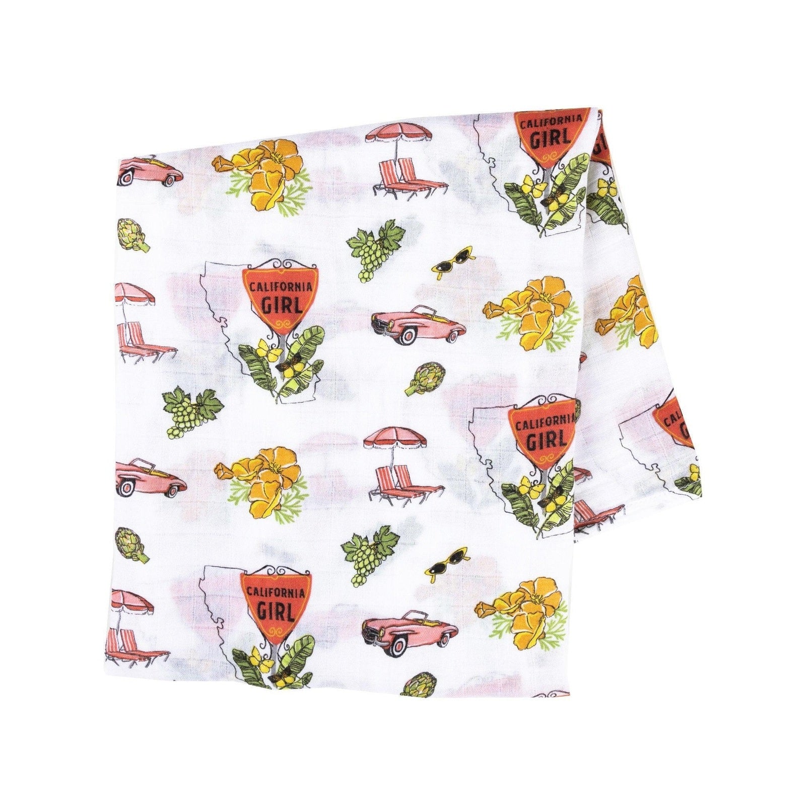 White muslin swaddle blanket with pink California-themed illustrations, including palm trees, surfboards, and flowers.