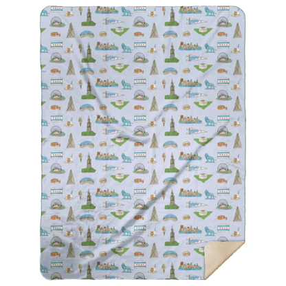 Chicago-themed plush throw blanket featuring iconic landmarks like the Willis Tower and Navy Pier, 60x80 inches.