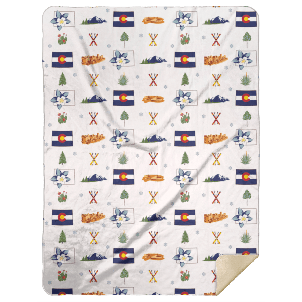 Colorado-themed plush throw blanket with a mountain landscape, pine trees, and 